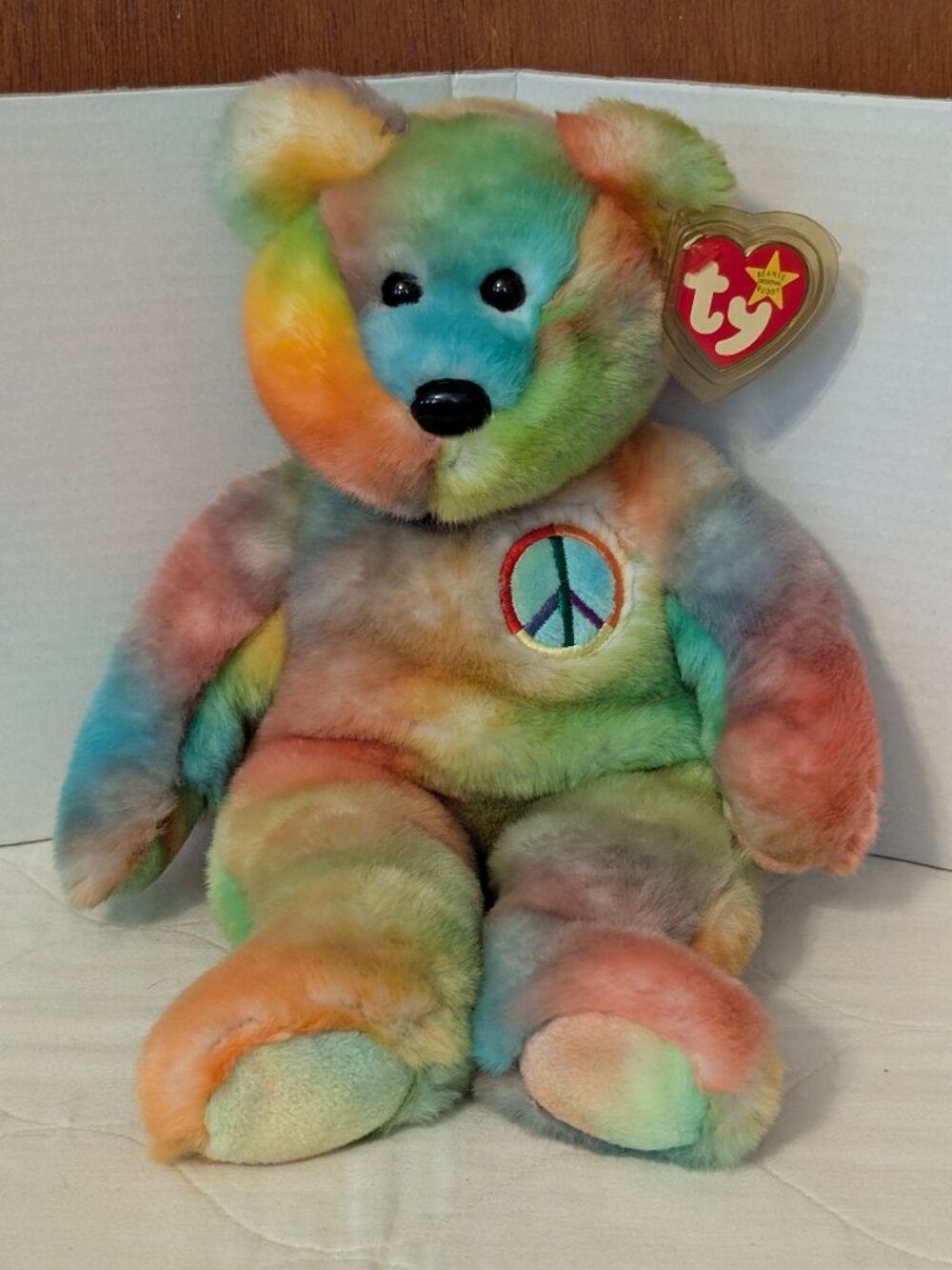Vintage 1999 Ty Beanie Buddy Original 14" Peace Ty-Dye Pastel Bear w/Tags